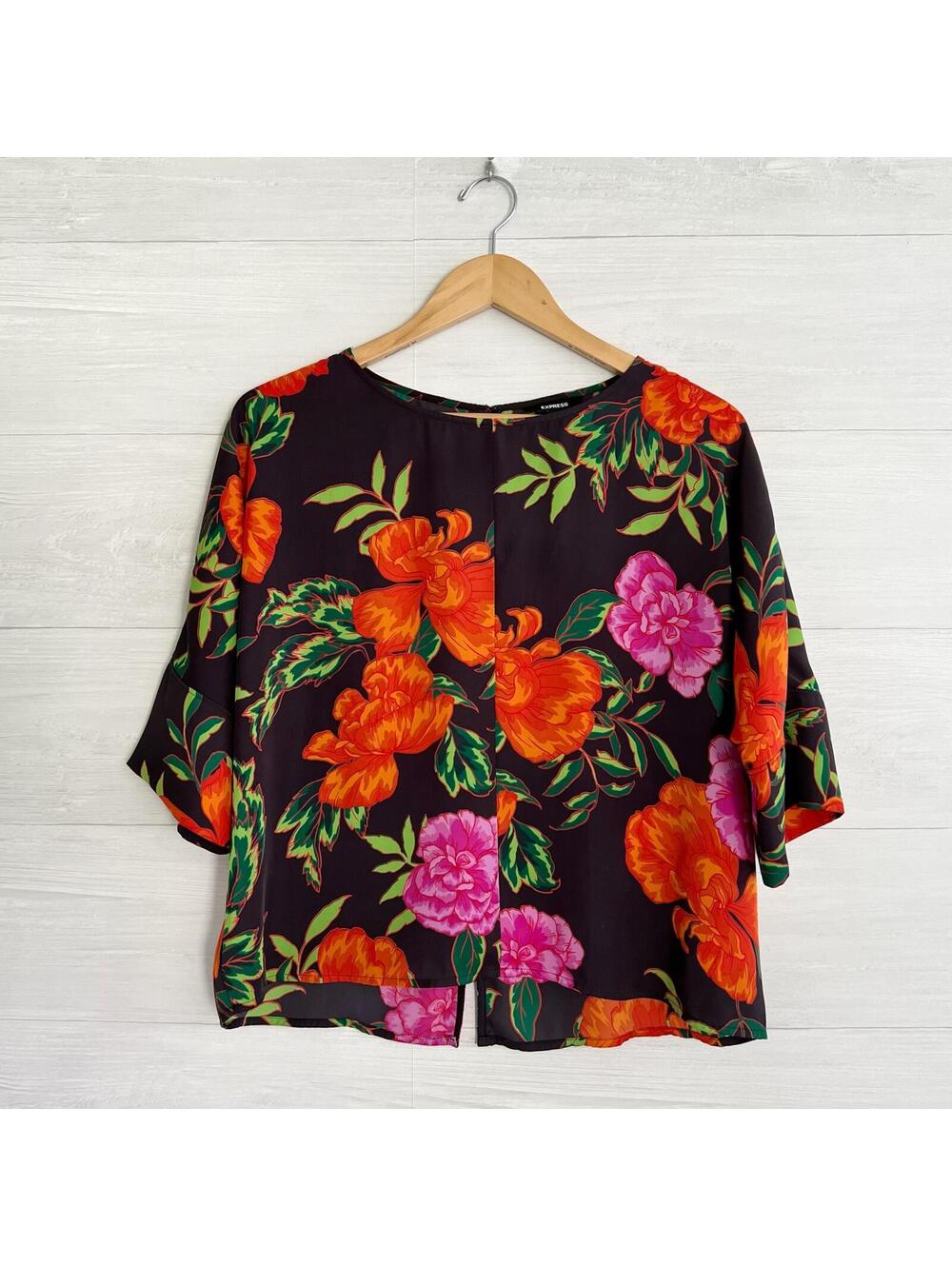 Express Black Floral Split Back Blouse Size S Bright Orange Pink Floral Top